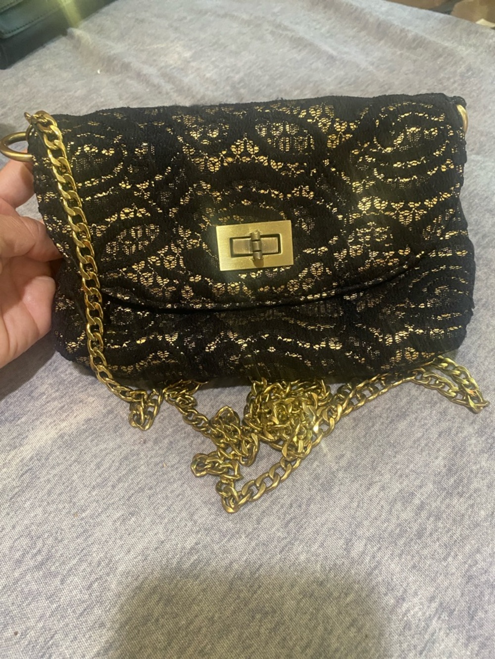 Black Lace Crossbody Bag with Gold Chain